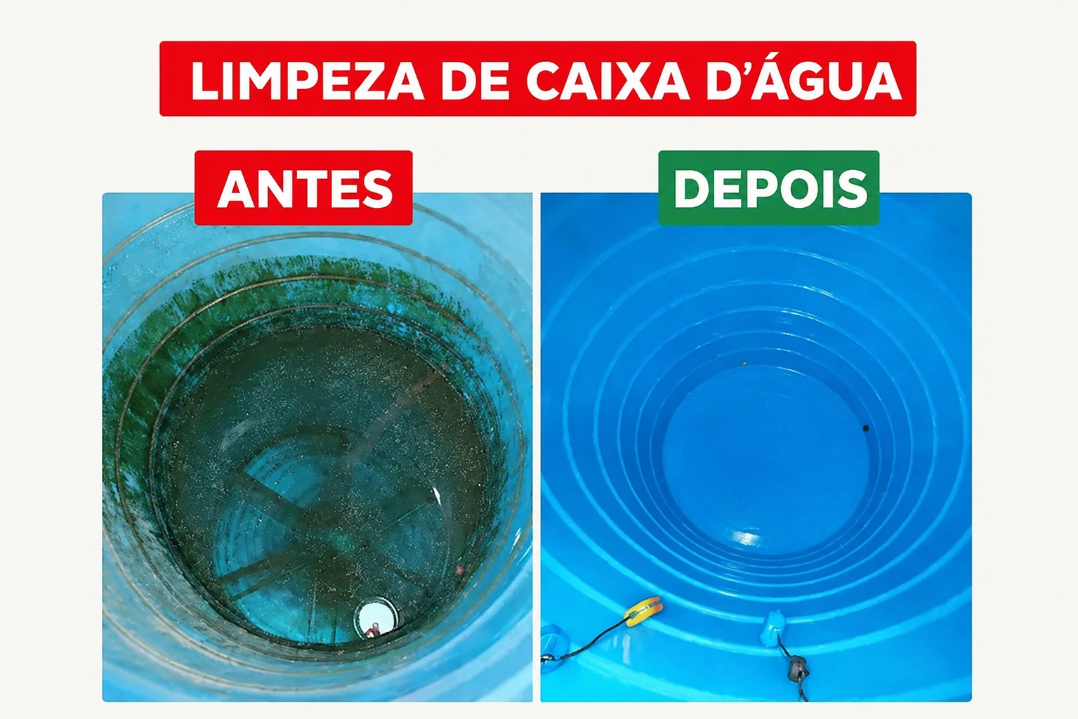 Limpeza de caixa d'água — antes e depois